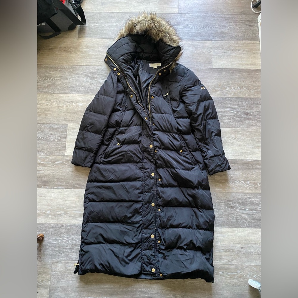 Women's Michael Kors Long Black Down Coat with Fur Trim
